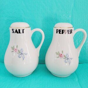 Vintage HALL Wildfire Handled Salt And Pepper Shakers Pink Roses Blue Ribbons